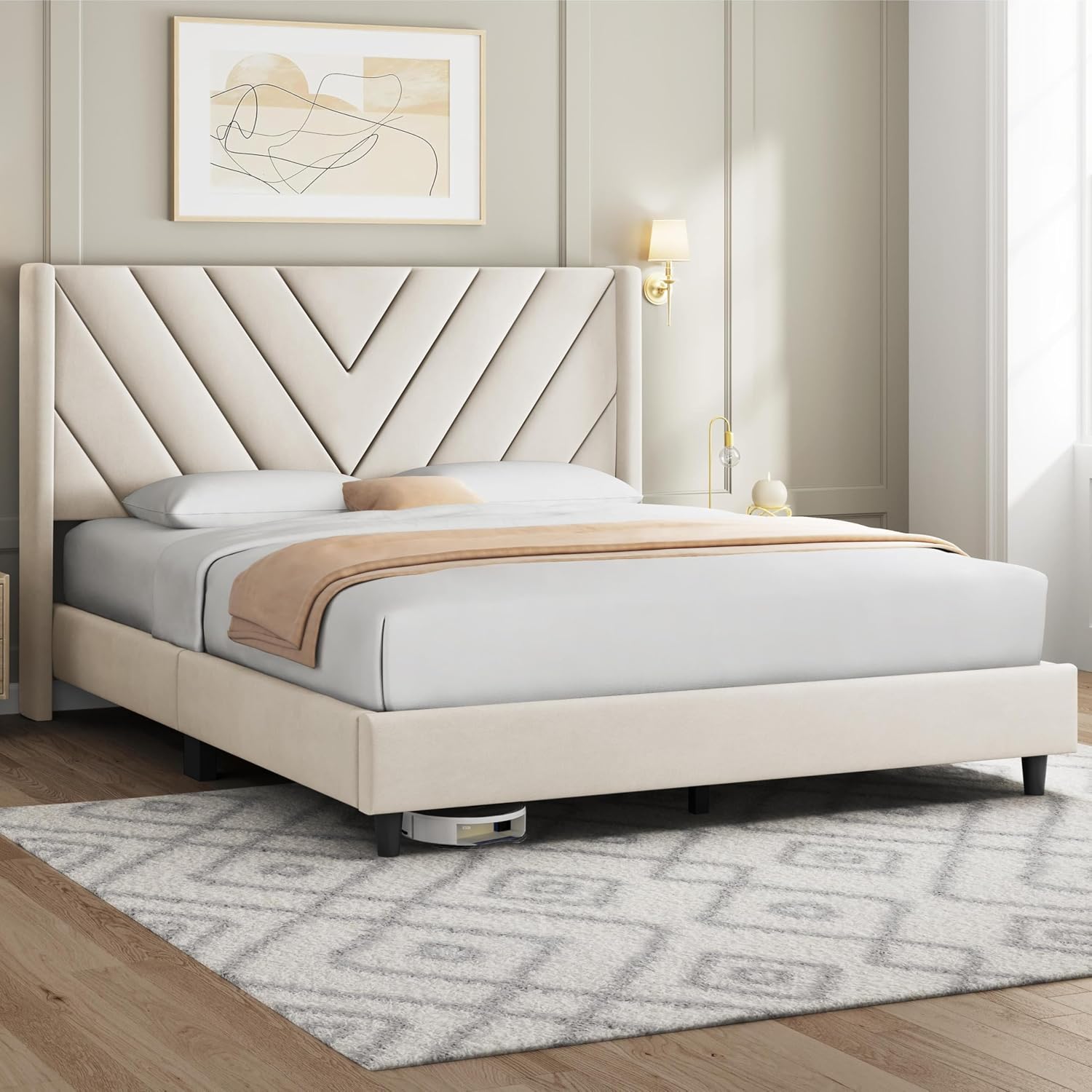 Yaheetech Queen Bed Frame Upholstered Platform Bed/Wooden Slat Support/Tufted Headboard with Wing Side/Mattress Foundation/No Box Spring Needed,Beige Queen
