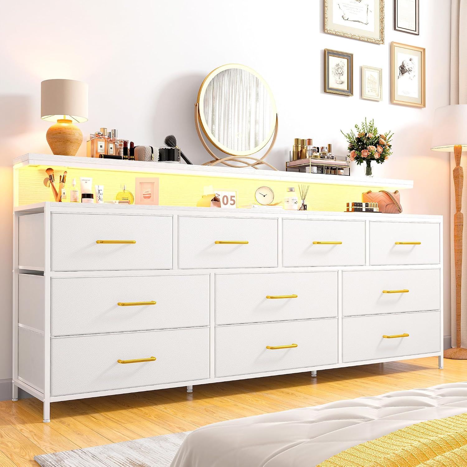 EnHomee 55' W White Dresser for Bedroom with 10 Fabric Drawers Long Dressers & Chests of Drawers with LED Lights & Power Outlets Large Dresser for Bedroom for Hallway, Metal Frame, White