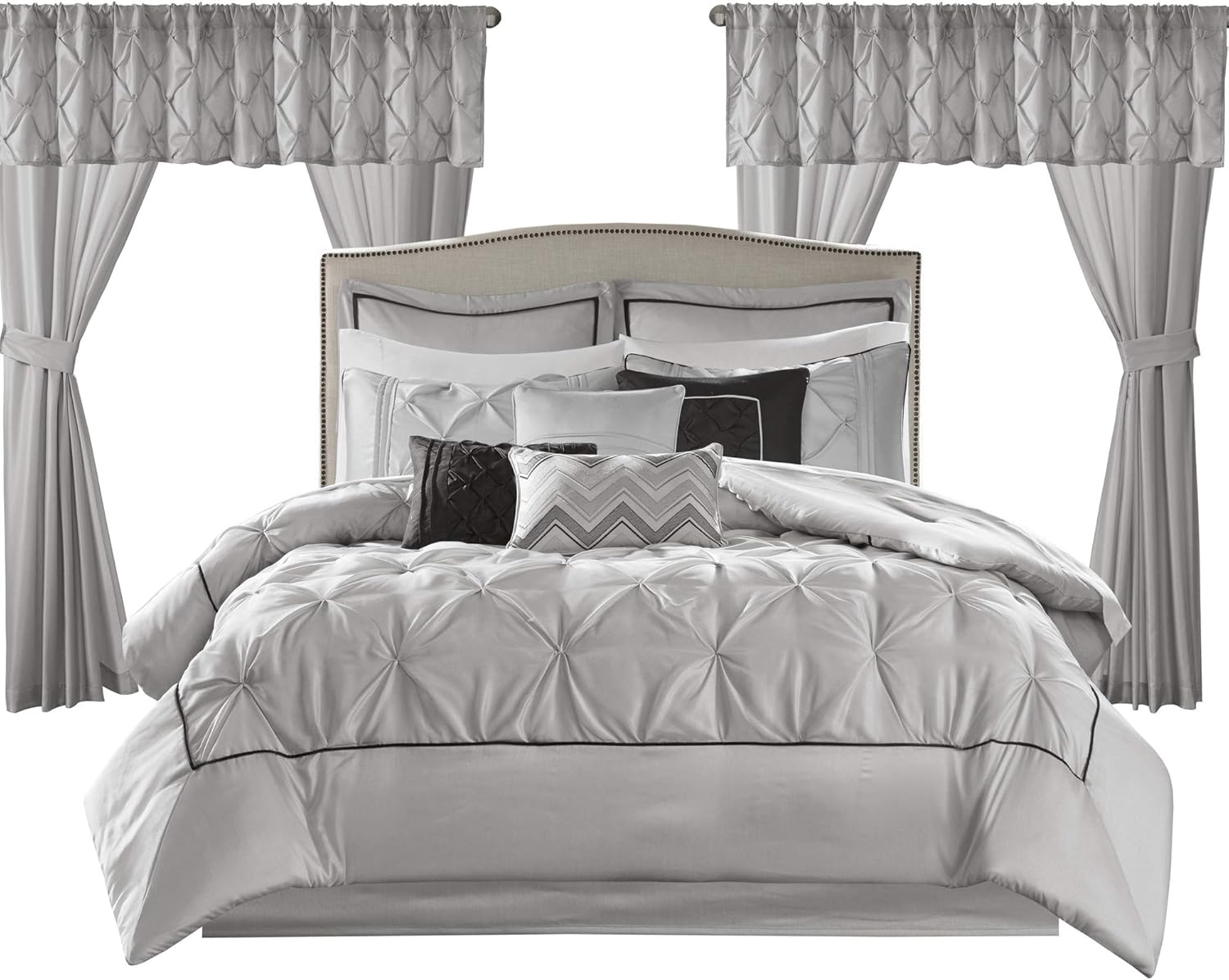 Madison Park Essentials Room in a Bag Faux Silk Comforter Set - Luxe Diamond Tufting All Season Bedding, Matching Curtains, Decorative Pillows, Grey King(104'x92') 24 Piece