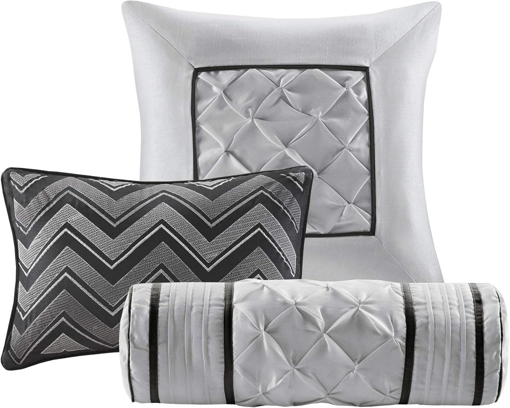 Madison Park Laurel King Size Bed Comforter Set Bed In A Bag - Black , Wrinkle Tufted Pleated – 7 Pieces Bedding Sets – Faux Silk Bedroom Comforters
