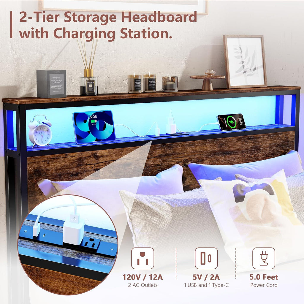 Forestell Full Size Bed Frame with Storage Headboard & 6 Drawers,Sturdy Platform Bed Frame Full with Charging Station,LED Lights,2-Tier Wood Shelf Industrial Bedframe-Noise Free/No Box Spring Needed