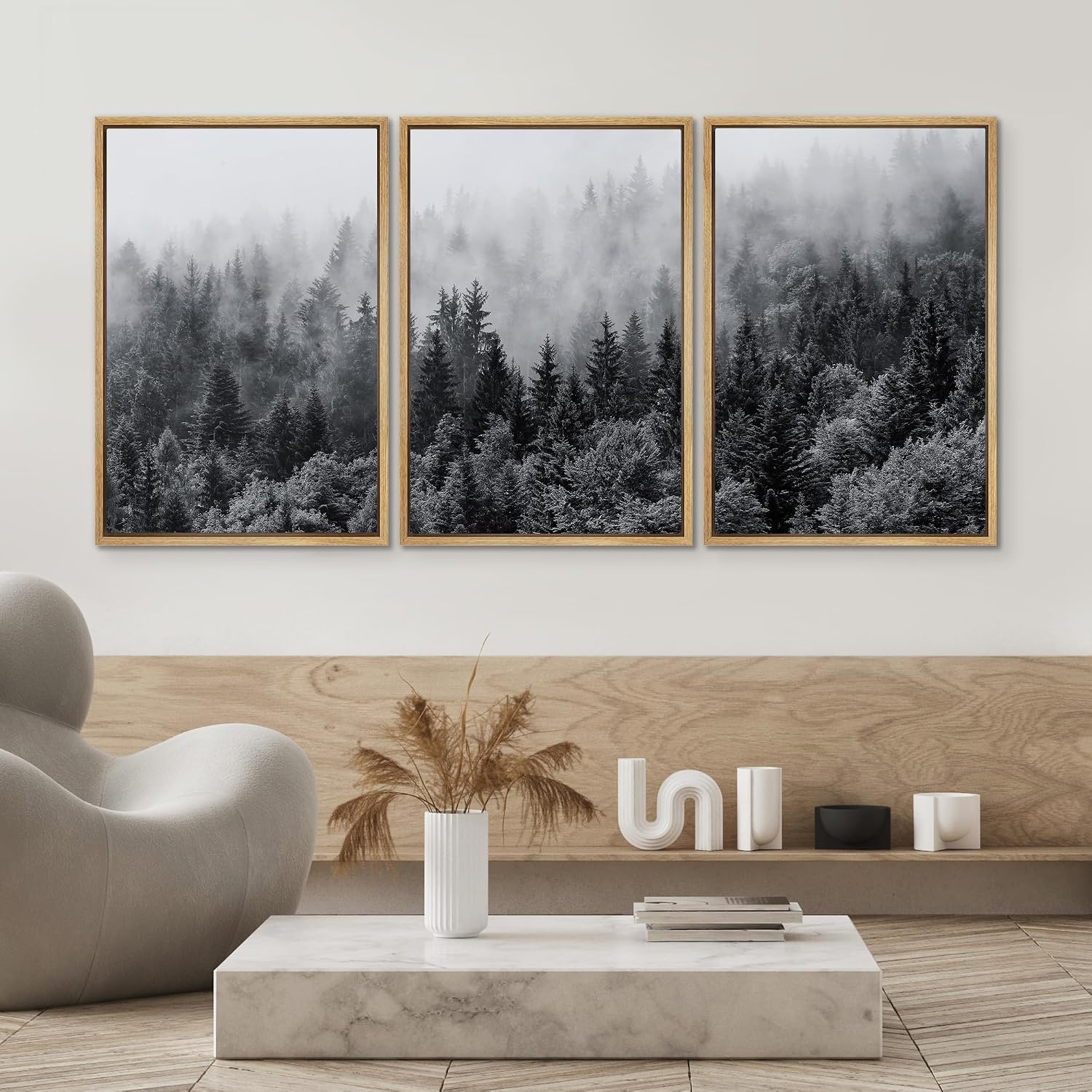 SIGNWIN Framed Canvas Print Wall Art Set Black & White Misty Mountain Forest Nature Wilderness Photography Modern Art Chic Landscape Relax/Calm for Living Room, Bedroom, Office - 24'x36'x3 Natural