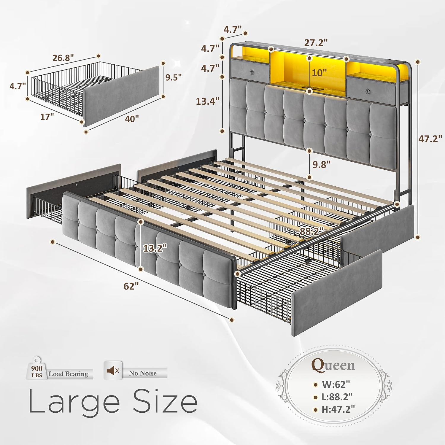 EnHomee Queen Bed Frame with 6 Storage Drawers and Upholstered Headboard,Modern Bed Frame Queen with LED Light and Charging Station,no Box Spring Needed,No Noise, Easy Assembly,Velvet,Sturdy,Grey