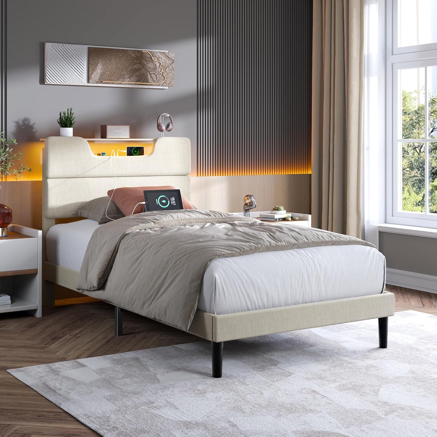 OURPIC Twin Bed Frames for Kids, Twin Size Bed Frames with Upholstered Headboard, Modern Platform Bed with Charging Station and Led Lights, Sturdy Wooden Slats