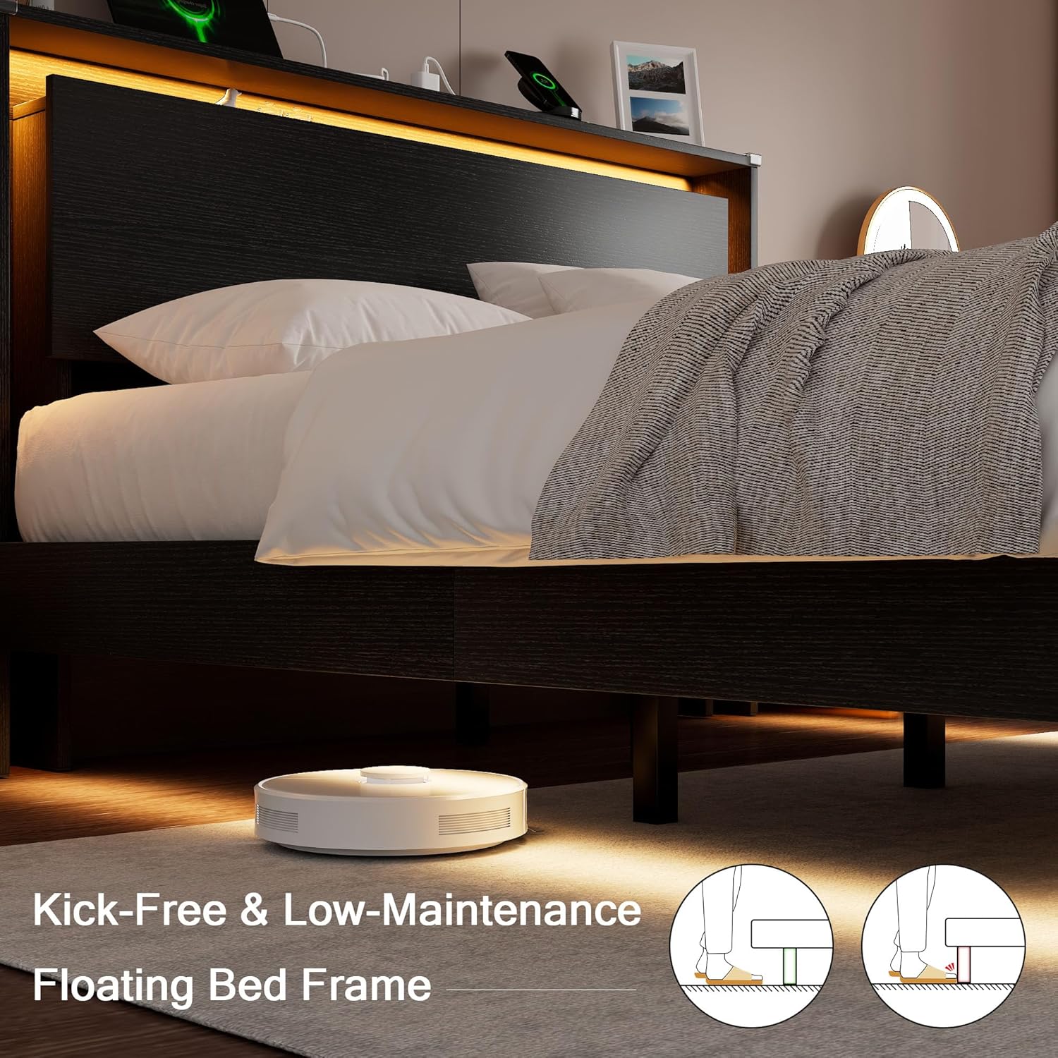 Einhomn Full Size Bed Frame with LED Lights & Charging Station – Kids Wood Floating Bed Frame with Storage Headboard, Adhesive Slats, Kick-Free & Noise-Free Design, Easy Assembly, Black