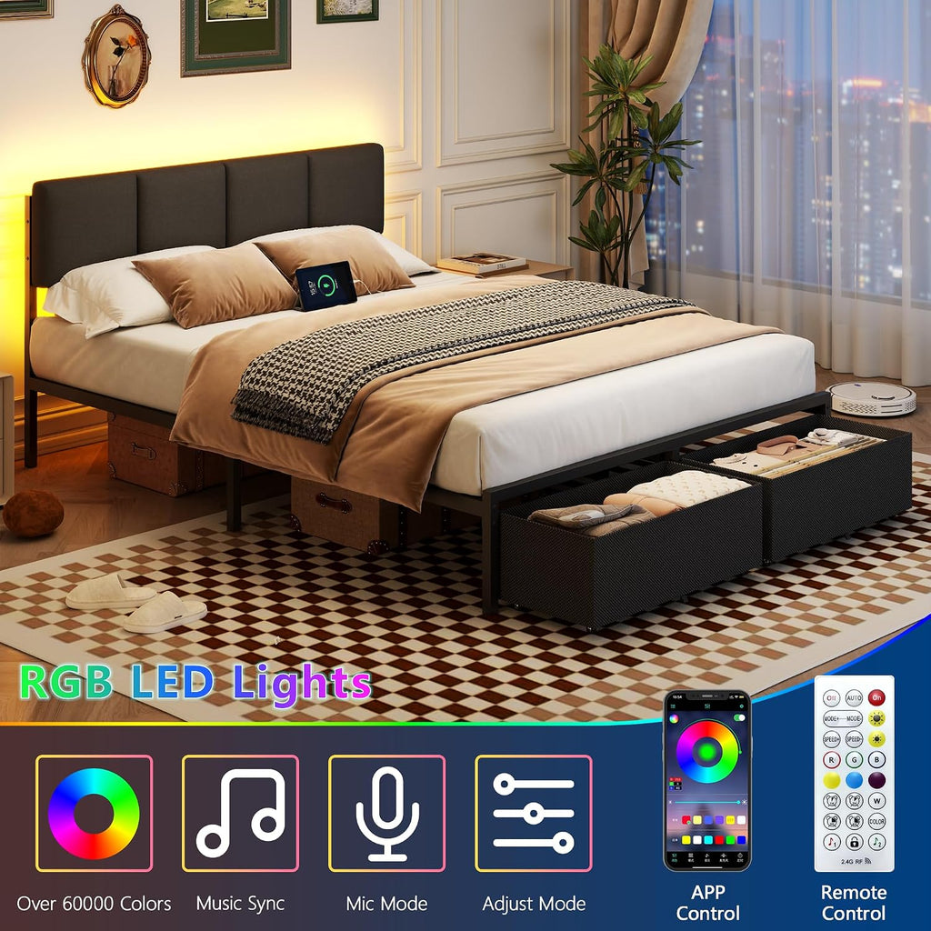 Furnulem Queen Bed Frame with Charging Station and LED Lights, Upholstered Headboard, Metal Platform Bed with 2 Fabric Storage Drawers, Noise Free, No Box Spring Needed, Gery