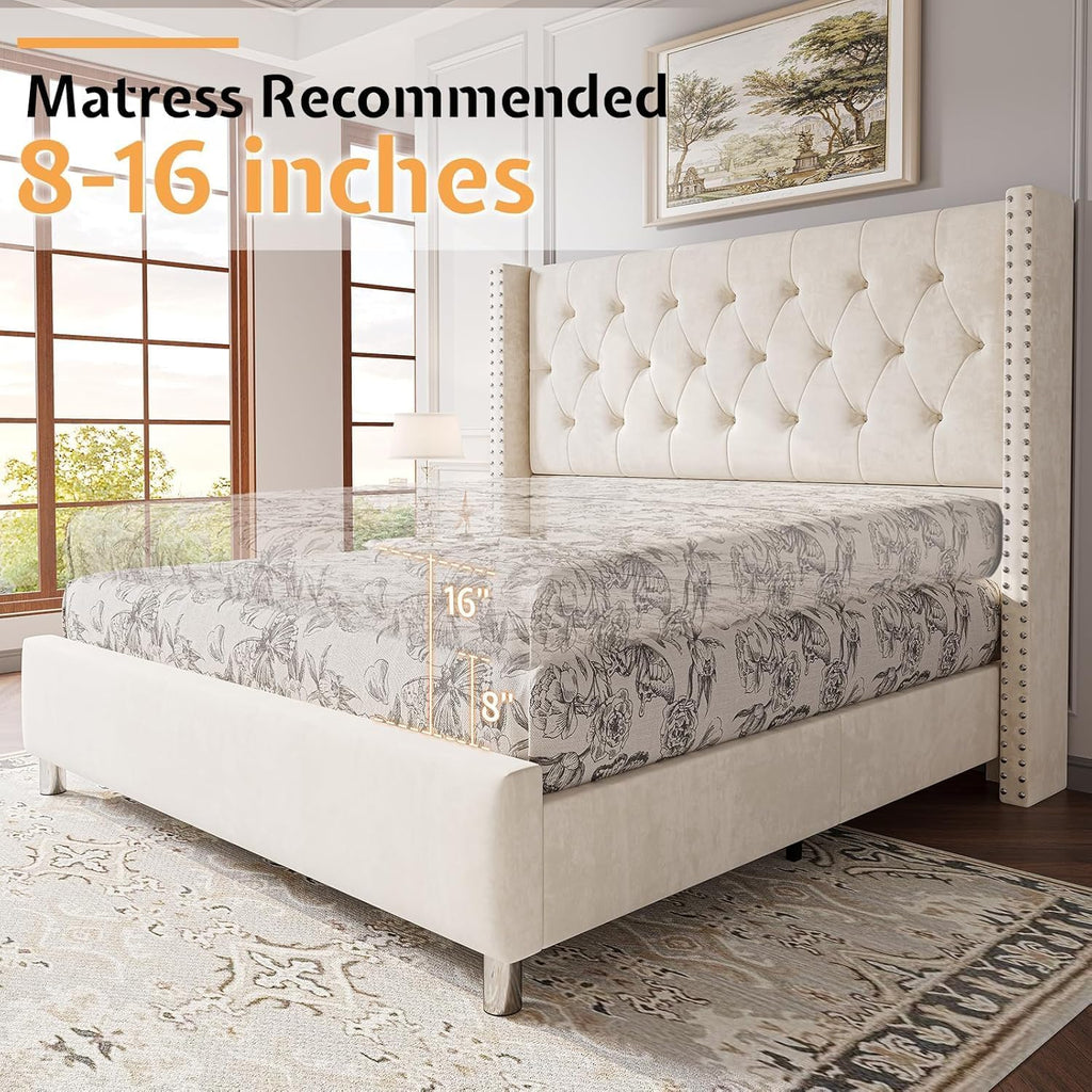 Jocisland Queen Bed Frame Upholstered Bed Wingback Headboard Velvet Tufted Diamond Button/No Box Spring Needed/Easy Assembly/Cream