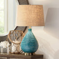 360 Lighting Kayley Mid Century Modern Coastal Table Lamp Textured Ceramic 24' High Sky Blue Glaze Linen Fabric Tapered Drum Shade for Living Room Bedroom House Bedside Nightstand Home