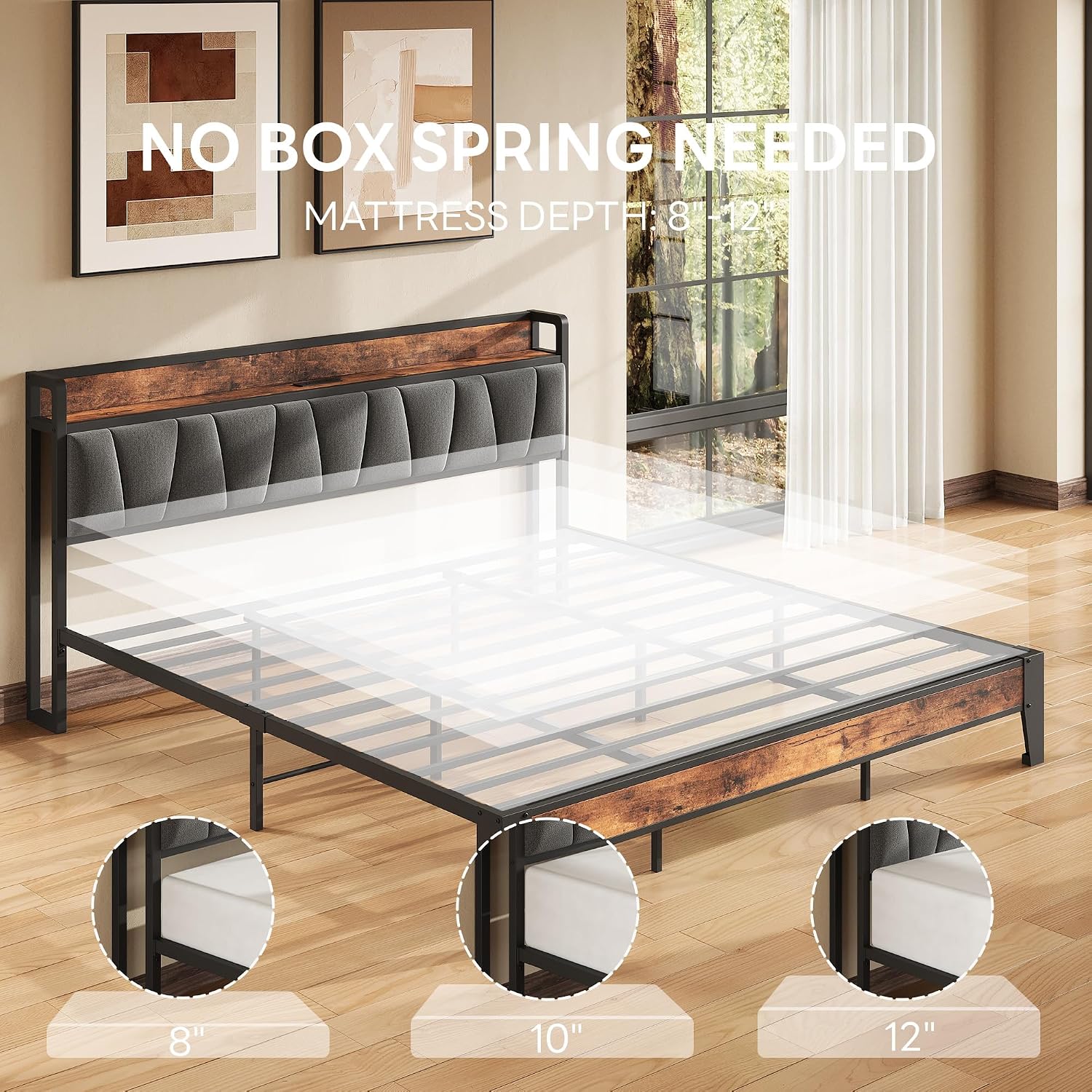 LIKIMIO King Size Bed Frame, Storage Headboard with Charging Station, Solid and Stable, Noise Free, No Box Spring Needed, Easy Assembly