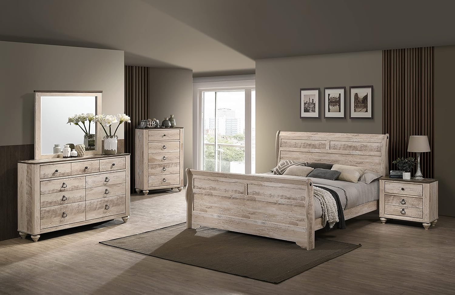 Roundhill Furniture Imerland Contemporary White-wash Finished 5-Piece Sleigh Headboard Bedroom Set, Queen
