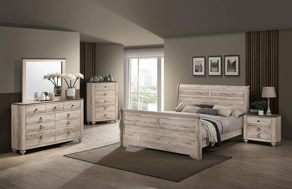 Roundhill Furniture Imerland Contemporary White-wash Finished 5-Piece Sleigh Headboard Bedroom Set, King
