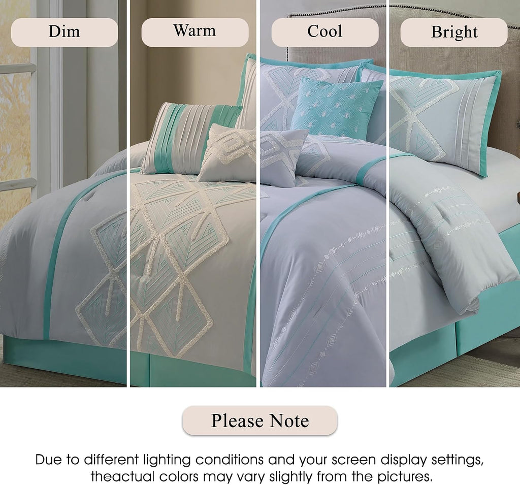 Stratford Park Blue Comforter Set California King Size, 7 Piece, Terry Embroidery Geometric Home Decor, Matcking Bed Skirt, Pillows & Shams, All Season Bedding Set