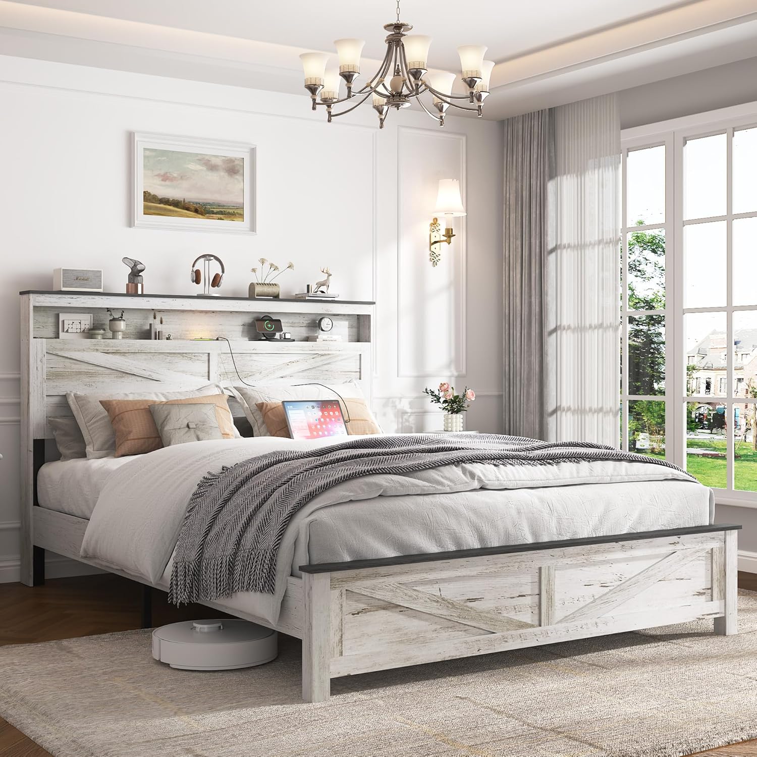 Farmhouse Wooden Bed Frame Queen Size with Storage Headboard, Boho Platform Bedframe with LED Lights and Charging Station, Metal Slats Support, No Box Spring Needed, White