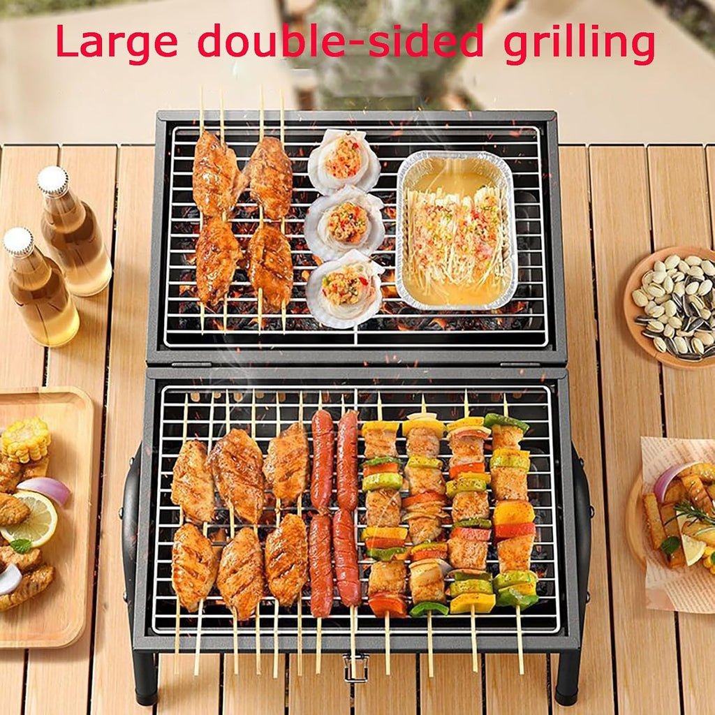 Portable Small Folding Charcoal Grill Fire Pit Grill with Griddle Rack for Camping Picnic Garden Beach Party Small Table Top Outdoor Grill (Color : Black)
