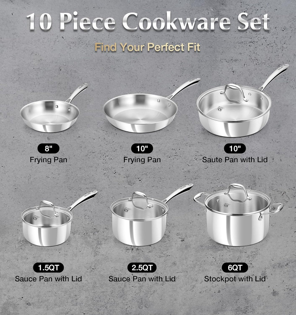 KOCH SYSTEME CS Tri-Ply Stainless Steel Cookware Set 10 Piece, Professional 18/10 Stianless Steel Pots and Pans Set, Oven & Induction Safe, Non-Toxic Kitchen Cookware Set for Family Cooking, 10pcs