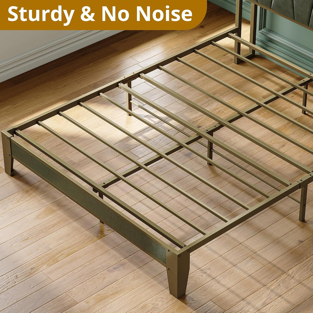 LIKIMIO Full Bed Frame, Storage Headboard with Charging Station, Solid and Stable, Noise Free, No Box Spring Needed, Easy Assembly (Dark Green)