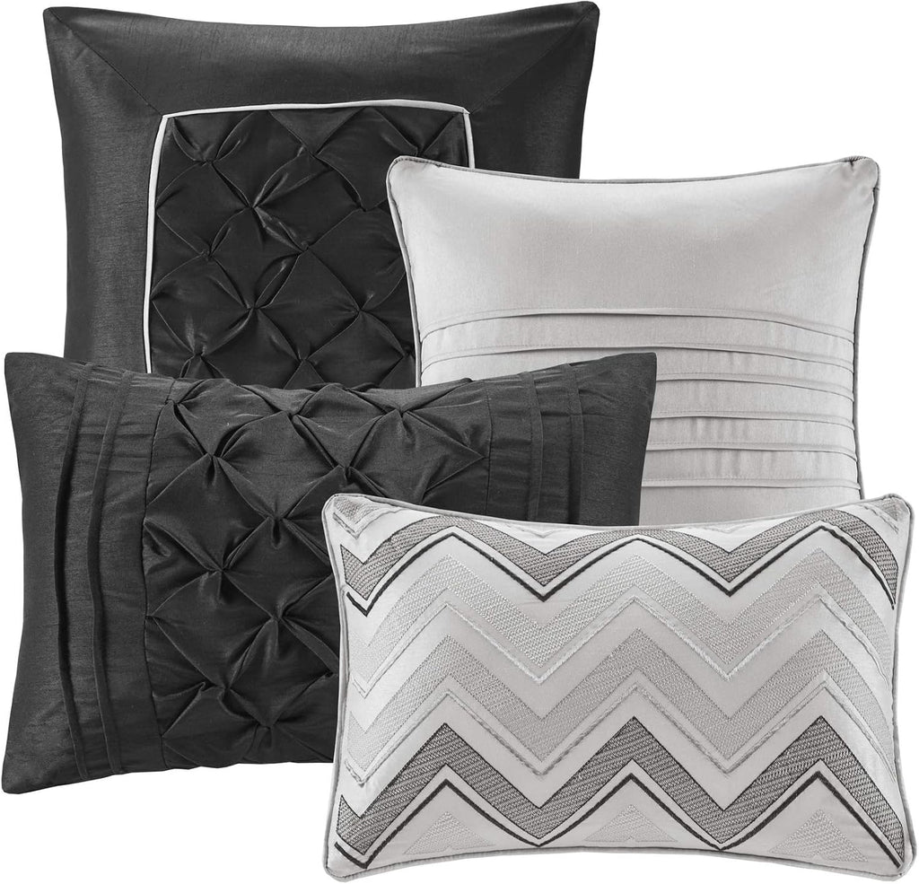 Madison Park Essentials Room in a Bag Faux Silk Comforter Set - Luxe Diamond Tufting All Season Bedding, Matching Curtains, Decorative Pillows, Grey Queen(90'x90') 24 Piece