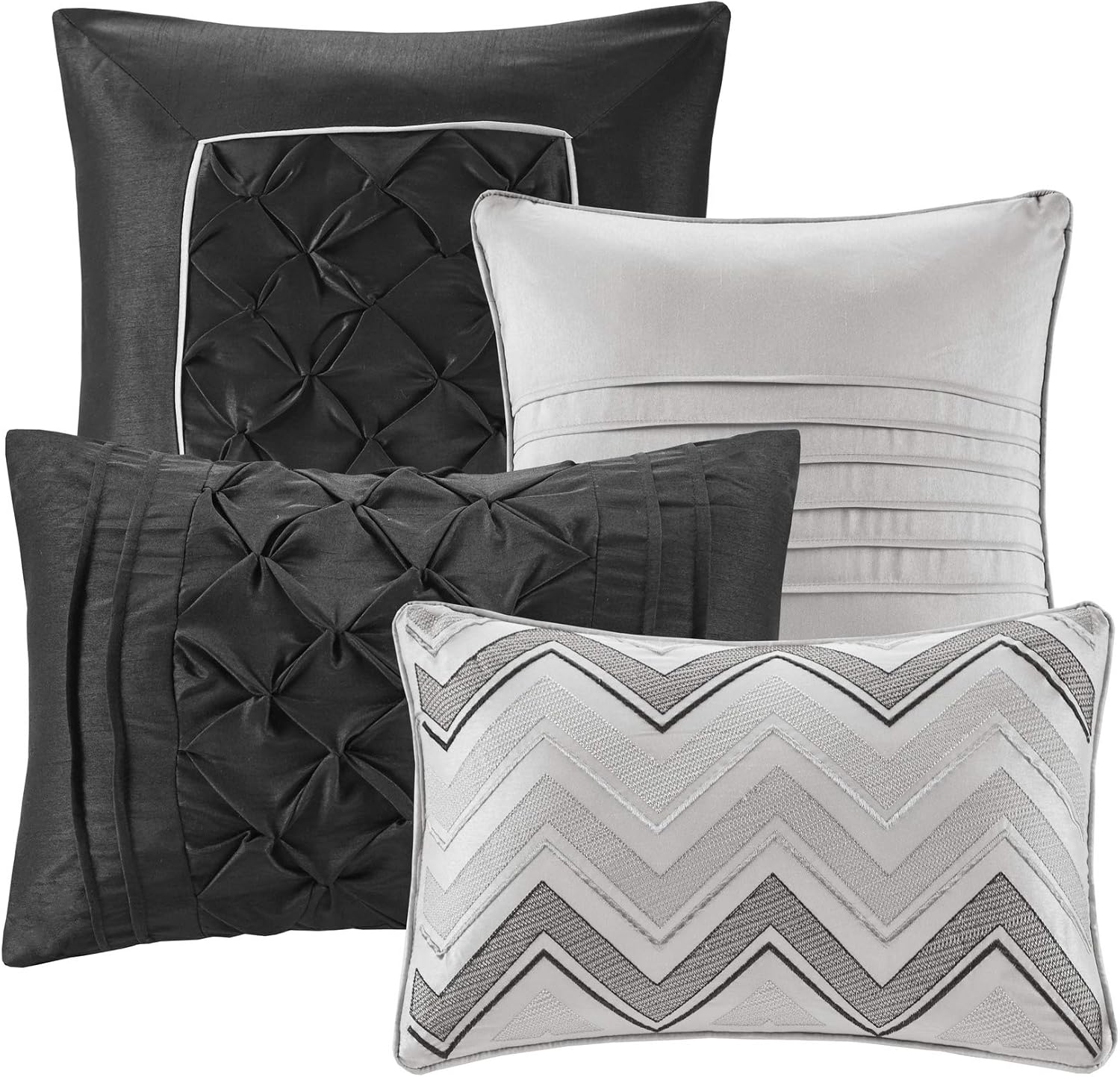 Madison Park Essentials Room in a Bag Faux Silk Comforter Set - Luxe Diamond Tufting All Season Bedding, Matching Curtains, Decorative Pillows, Grey Queen(90'x90') 24 Piece