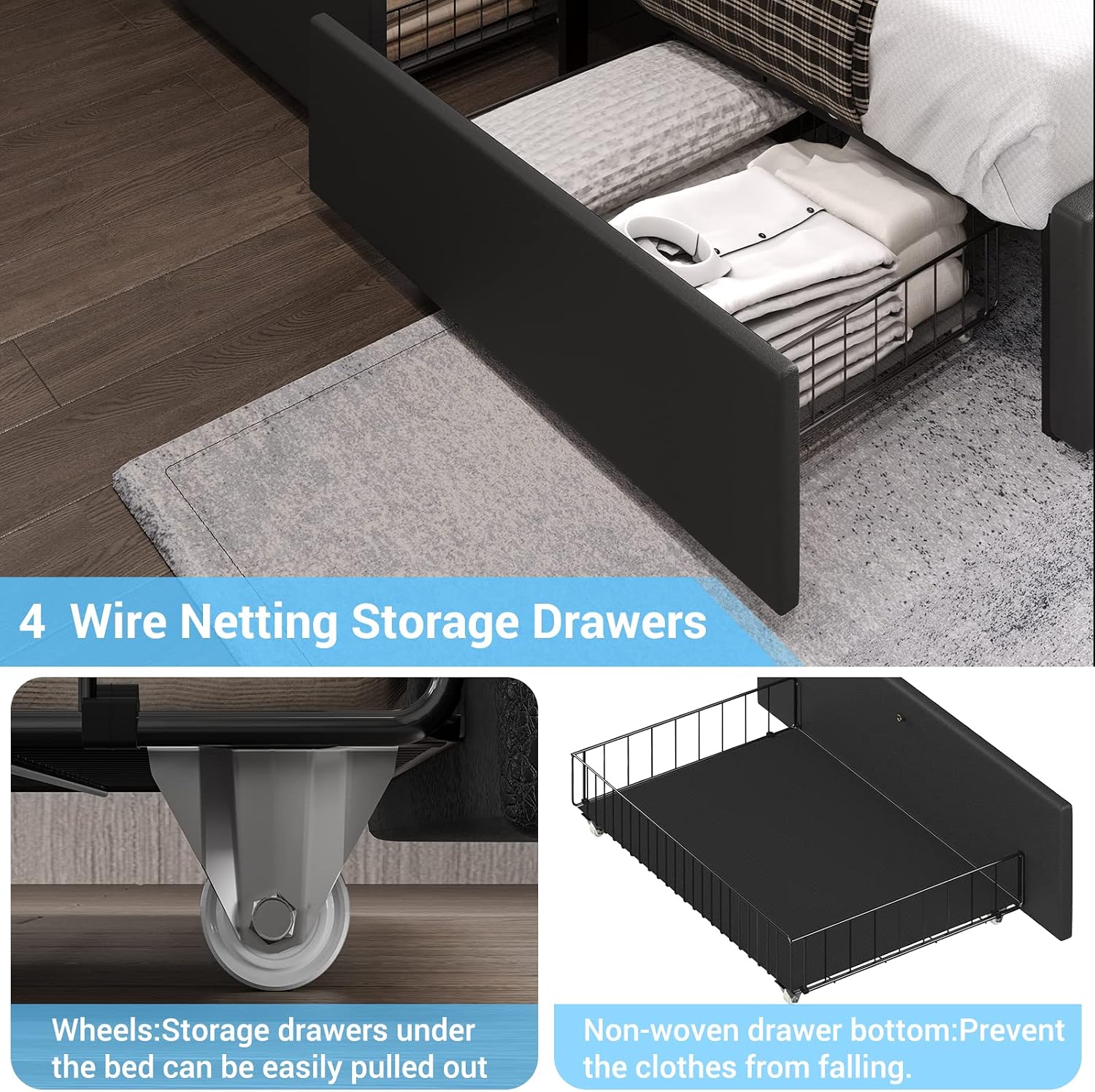 DICTAC Queen Bed Frame with Headboard and 4 Storage Drawers, Modern Faux Leather Upholstered Platform Bed Frame Queen Size with LED Lights and USB Ports, No Box Spring Needed, Black