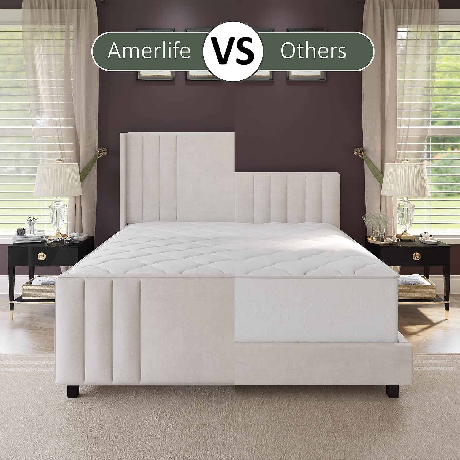 AMERLIFE King Size Bed Frame, Velvet Upholstered Platform Bed with Vertical Channel Tufted Headboard & Footboard/Wingback, Mattress Foundation with Wood Slats, No Box Spring Needed, Cream