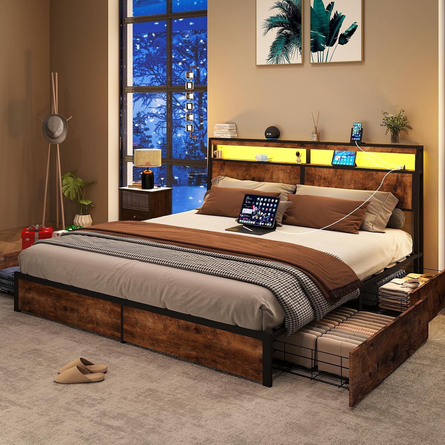 SADENICEL King Bed Frame with Storage Headboard and 4 Drawers, Metal Platform Bed Frame with LED Light, Charging Station, No Box Spring Needed, Noise Free, Easy Assembly, Vintage Brown