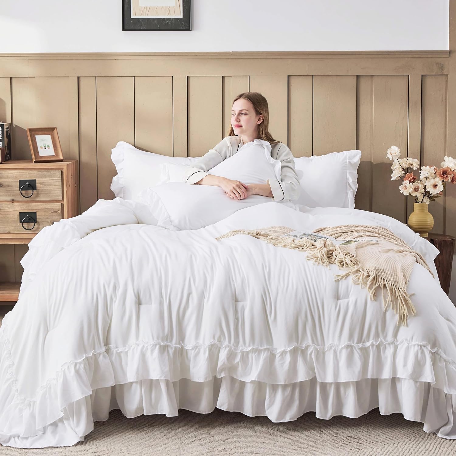 Andency Super King Plus Ruffle Comforter Set 128x120, 3 Pieces Farmhouse Shabby Chic Bedding Set, Soft Lightweight Oversized California King Comforter Set (1 Comforter 2 Pillowcases), White