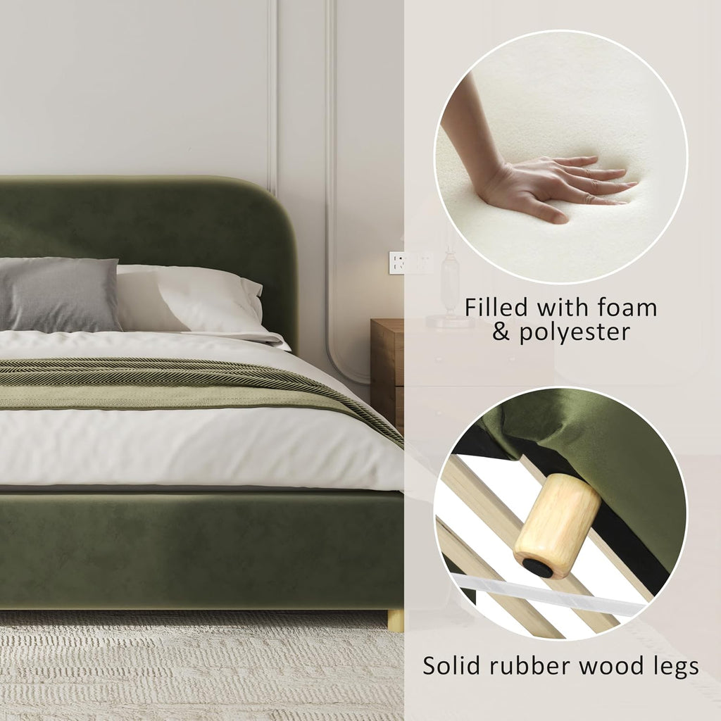 Merax Queen Size Velvet Fabric Upholstered Platform Bed with Curved Shaped Headboard, Wood Bed Frame with Solid Round Legs for Kids Teens Adults, Olive Green