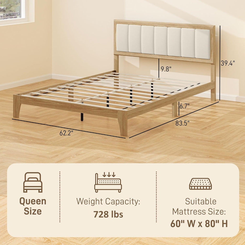 HOMCOM Queen Size Bed Frame with Upholstered Headboard, Platform Bed Frame with Wooden Slats, No Box Spring Needed, Easy Assembly, Natural