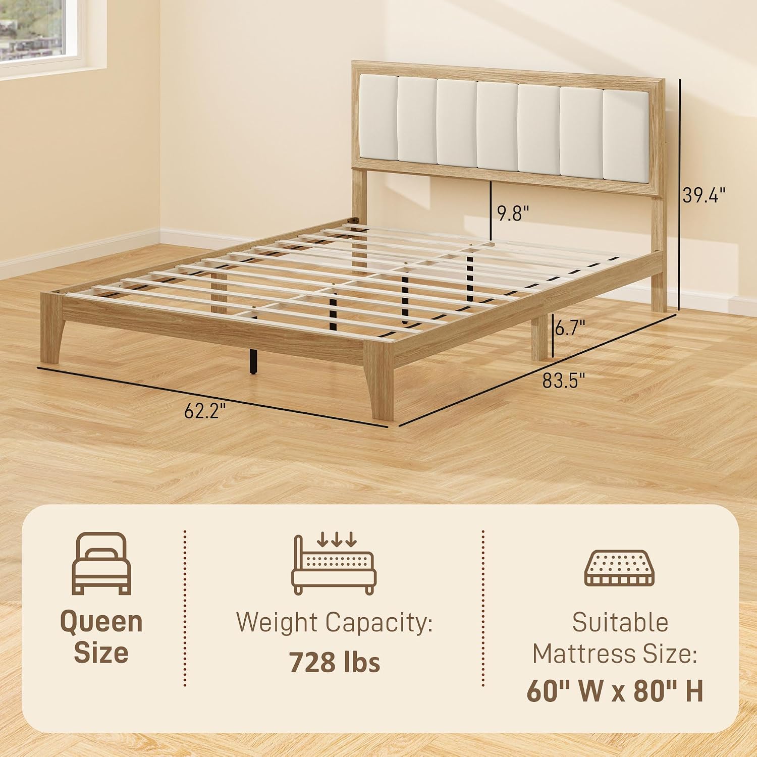 HOMCOM Queen Size Bed Frame with Upholstered Headboard, Platform Bed Frame with Wooden Slats, No Box Spring Needed, Easy Assembly, Natural