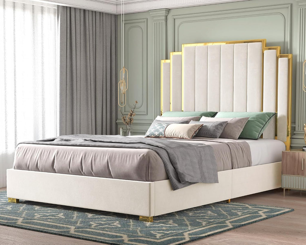 HOWE King Size Bed Frame and 65' Headboard, Upholstered Bed with Golden Plating Trim, Modern Platform Bed No Box Spring Needed, Cream