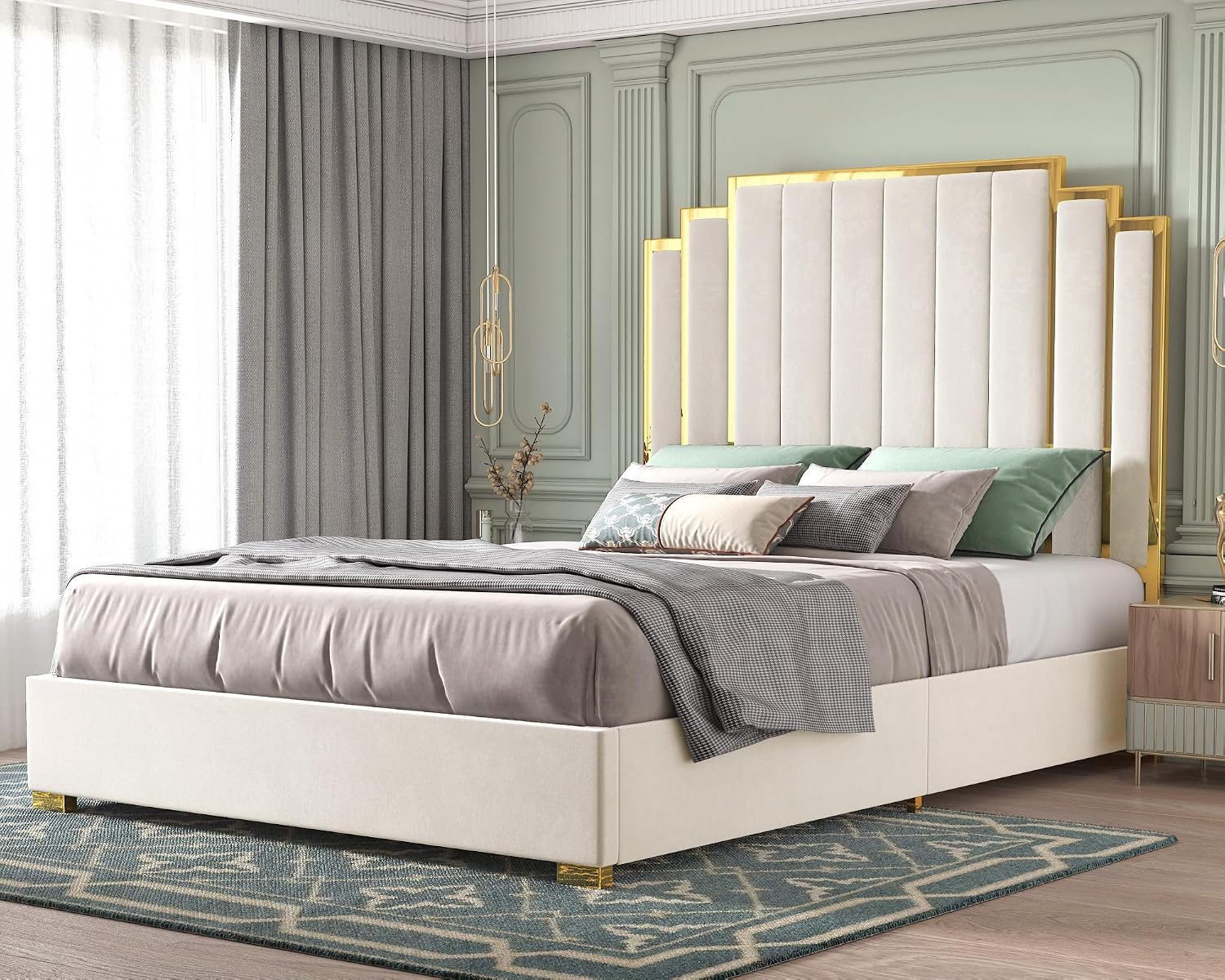 HOWE King Size Bed Frame and 65' Headboard, Upholstered Bed with Golden Plating Trim, Modern Platform Bed No Box Spring Needed, Cream