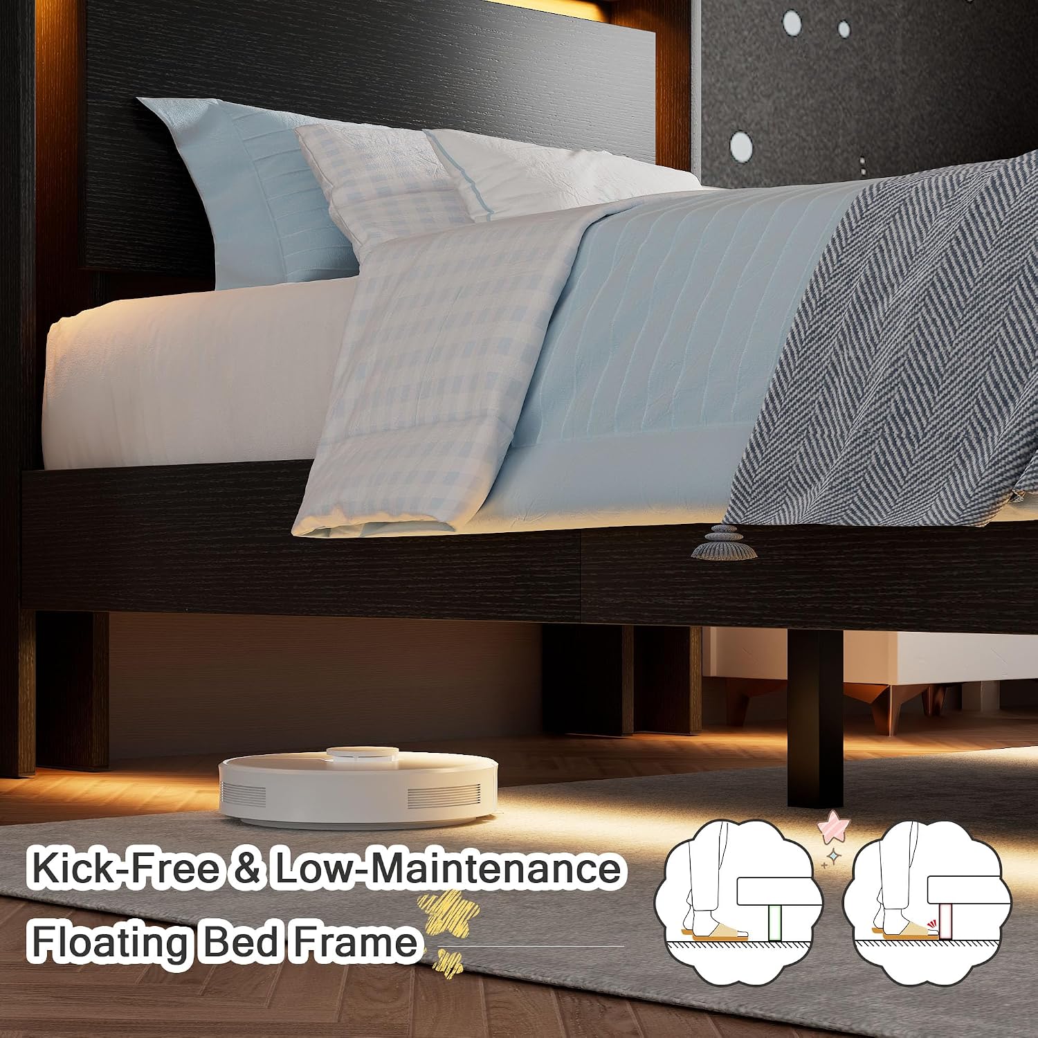 Einhomn Twin Bed Frames with LED Lights and Charging Station - Wood Floating Bed Frame with Storage Headboard, Adhesive Slats, Kick-Free & Noise-Free Design, Easy Assembly, Black