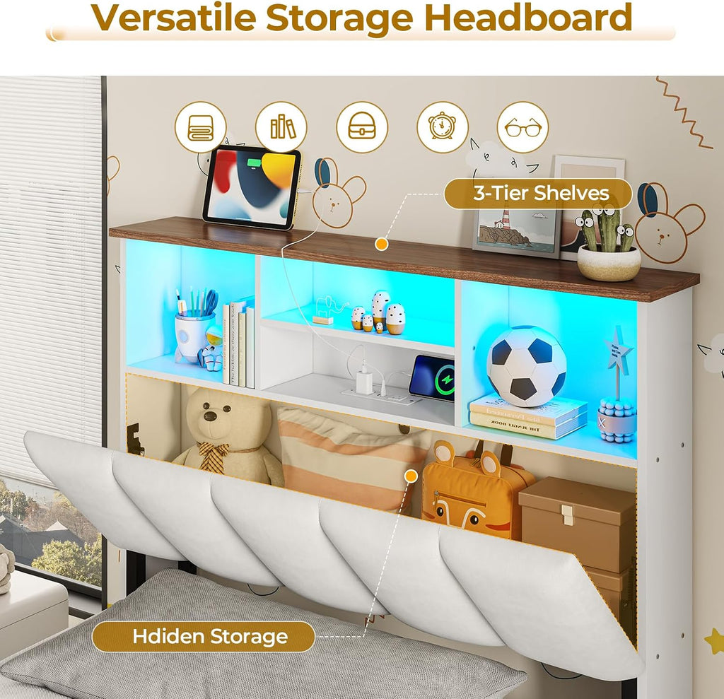 VIAGDO Twin Bed Frames with Bookcase Headboard, Wooden Bed Frame Twin Size with Charging Station, 4 Storage Drawers and LED Lights, LED Bed Frame with Type-C and USB, No Box Spring Needed, White