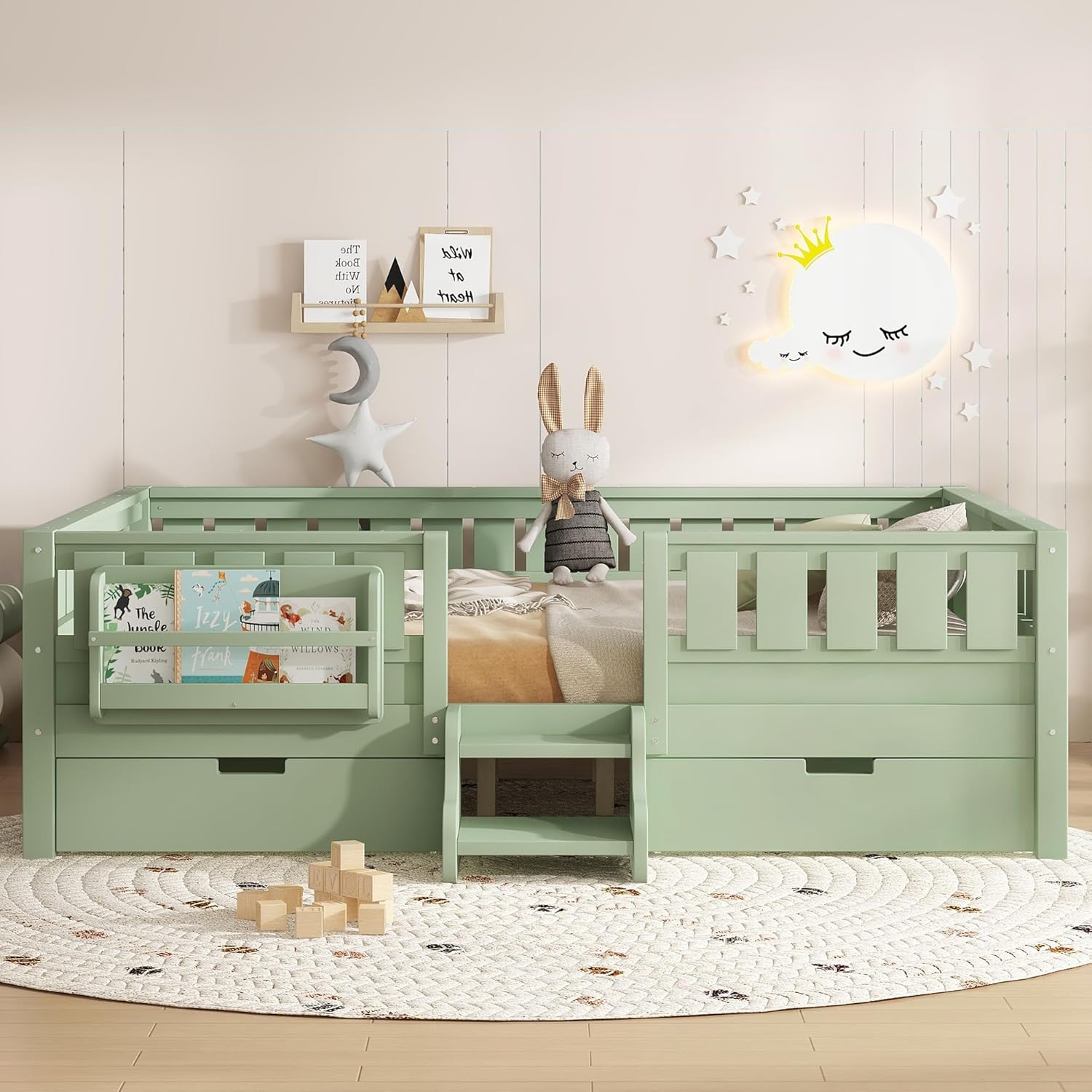 Bellemave Queen Size Montessori Bed with Stairs, Rails and Slats, Queen Size Montessori Floor Bed with Bookshelf and 2 Storage Drawers, Easy Assemble Beds Frame for Girls, Boys, Avocado Green