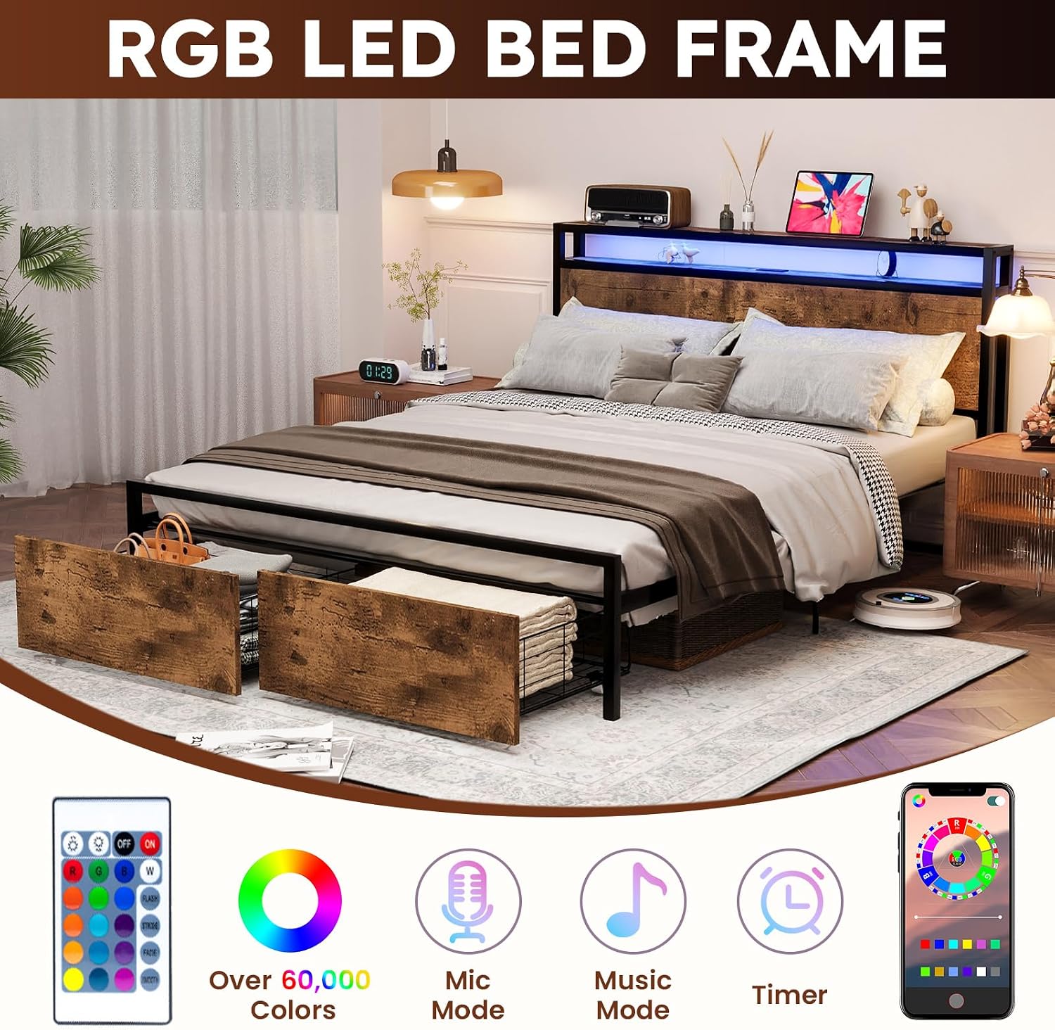 Kiivakii Queen Size Bed Frame, LED Storage Headboard with Charging Station, 2 Drawers Platform Bed Frames, Stable and Solid, No Box Spring Needed, Rustic Brown