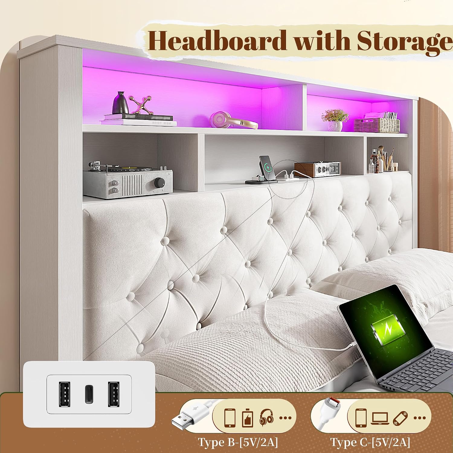 EnHomee Full Size Bed Frame with 4 Storage Drawers and Headboard Upholstered,Wooden Full Bed Frame with Charging Station and LED Light,NO Noise,No Box Spring Needed,Beige