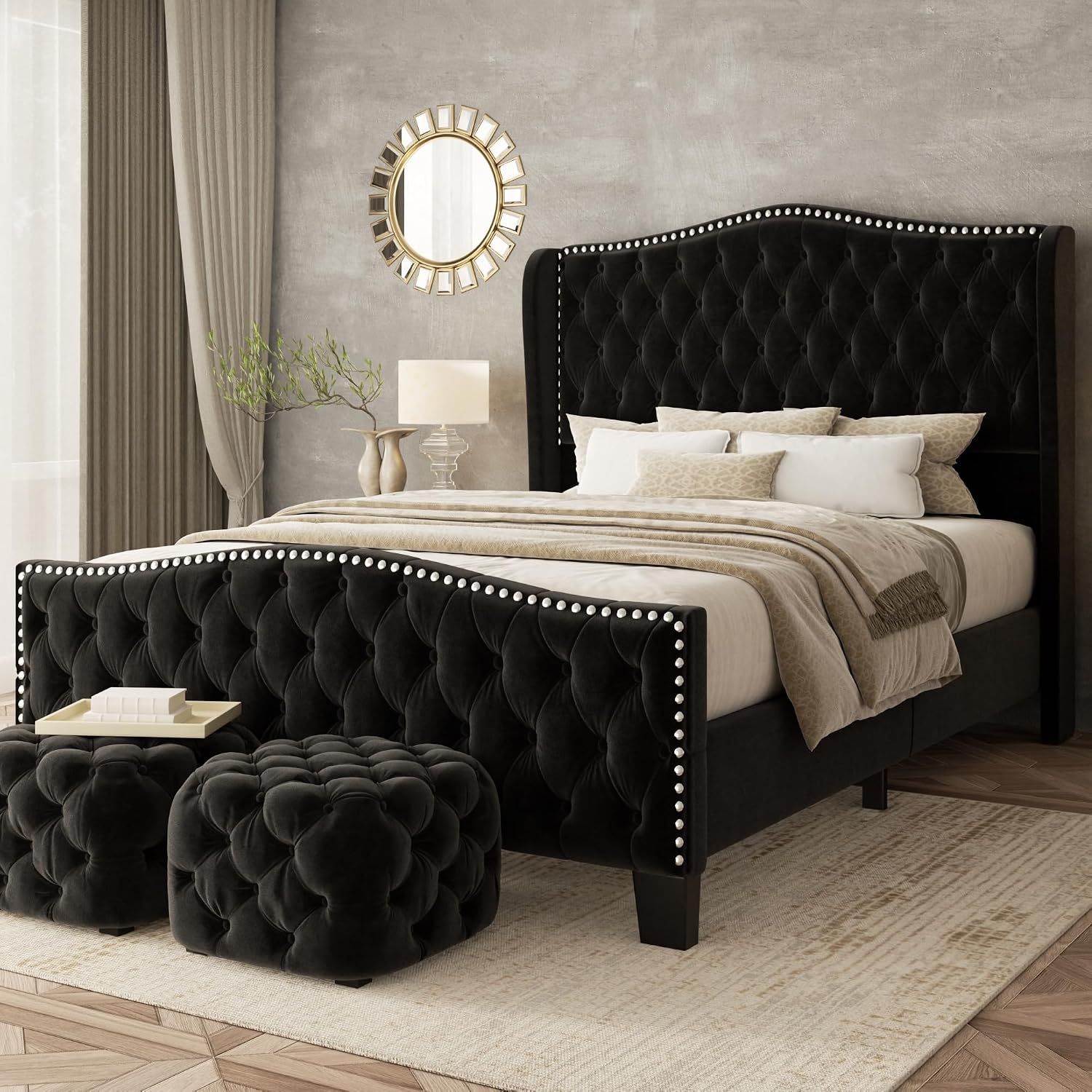 Queen Size Bed Frame with Tall Headboard Upholstered Bed Frame King Platform Bed Luxury Wingback Headback No Box Spring Needed, Mattress Foundation, Easy Assembly-Black