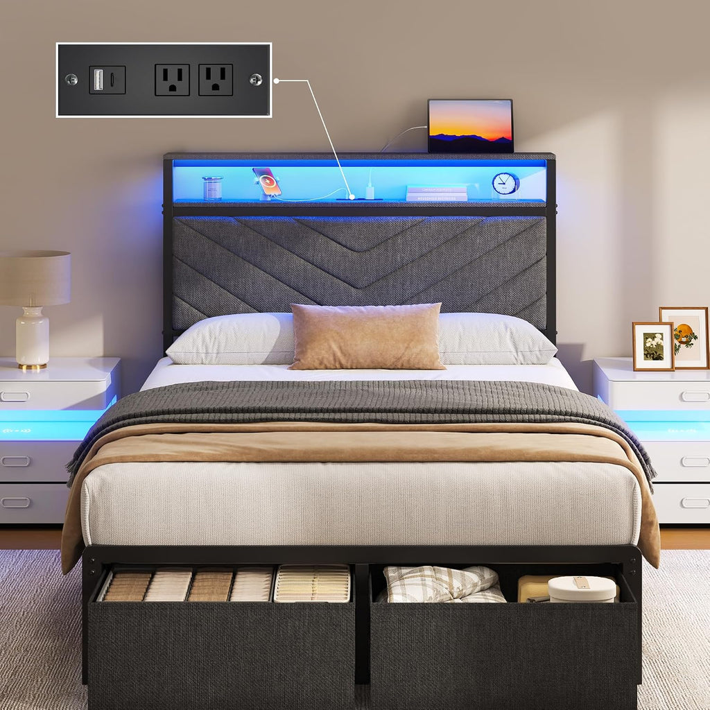Fluest Twin Bed Frame with Storage Drawers, Upholstered Headboard with Charging Station, LED Lights, Fabric Drawers with Wheels, Under Bed Storage, No Box Spring Needed, Easy Assembly, Grey