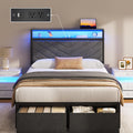 Fluest Twin Bed Frame with Storage Drawers, Upholstered Headboard with Charging Station, LED Lights, Fabric Drawers with Wheels, Under Bed Storage, No Box Spring Needed, Easy Assembly, Grey