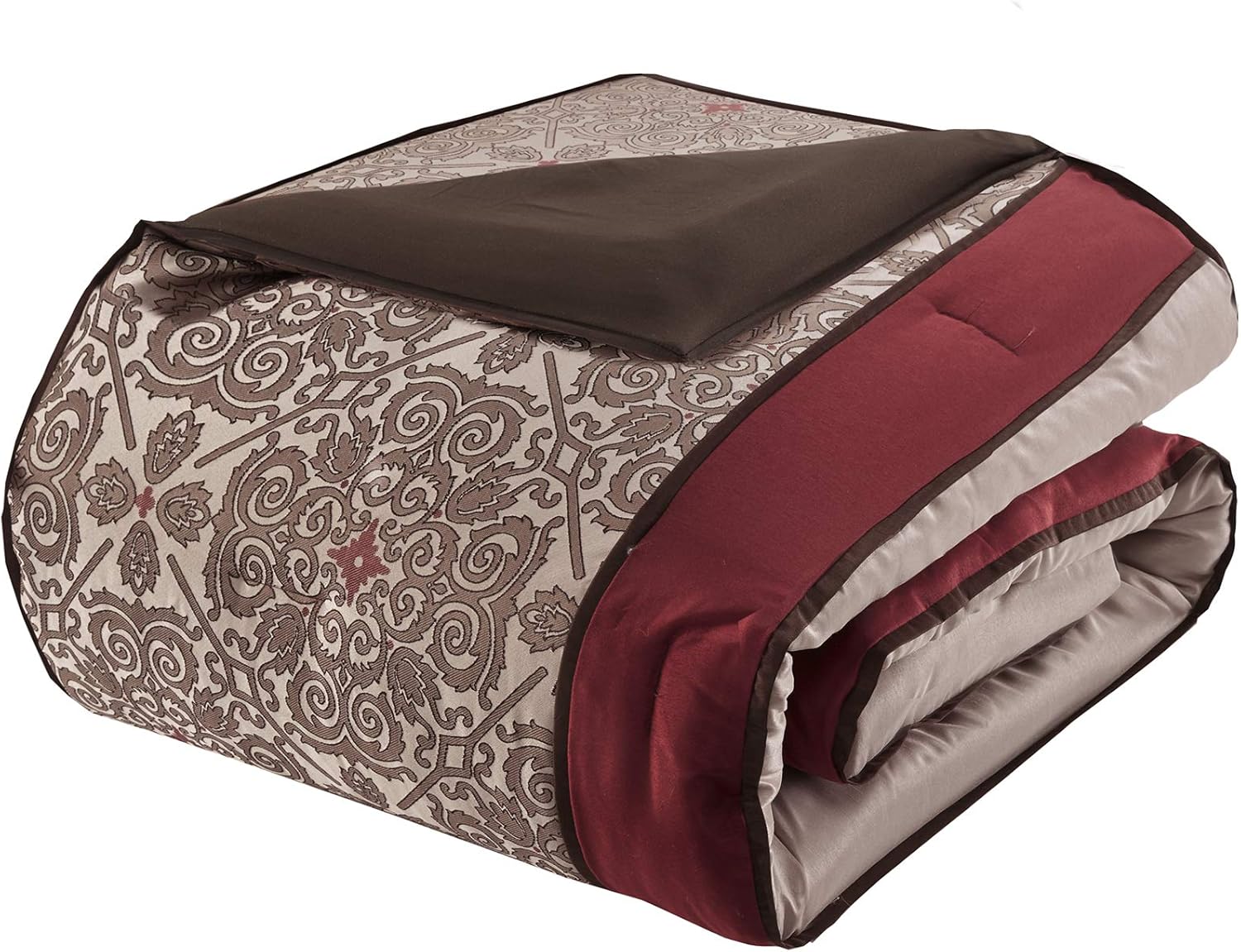 Madison Park Essentials Delaney 24-Piece Room In A Bag Comforter Set-Satin Jacquard, All Season Luxury Bedding, Sheets, decorative pillows and Curtains, Valance, Cal King(104'x92'), Medallion Red