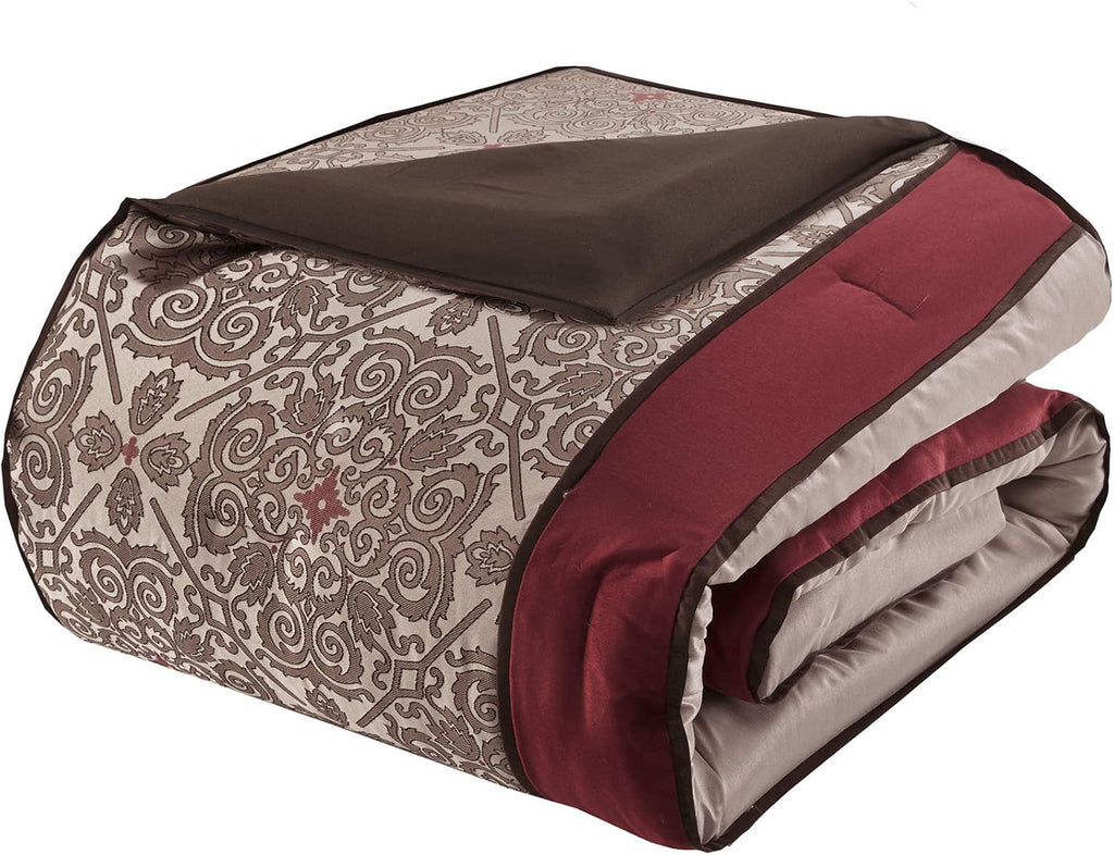 Madison Park Essentials Delaney 24-Piece Room In A Bag Comforter Set-Satin Jacquard, All Season Luxury Bedding, Sheets, decorative pillows and Curtains, Valance, King(104'x92'), Medallion Red