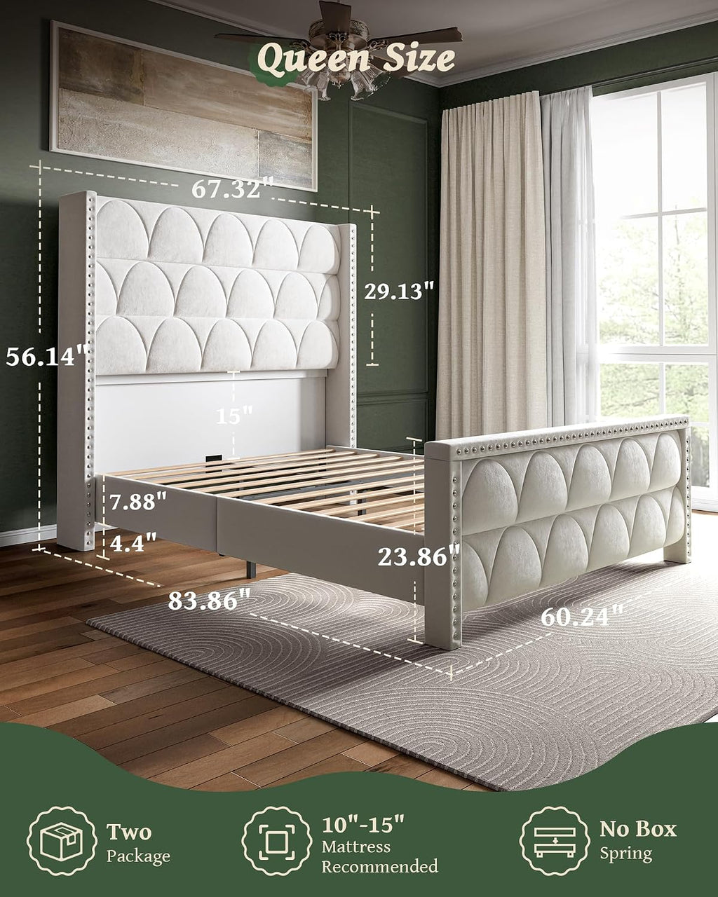 OHOHOLIVE Queen Size Bed Frame with 56' Headboard - 1000LBS Capacity Support, Velvet Upholstered Wingback Platform Bed Frame, Noise Free, Sturdy Wooden Slat Support