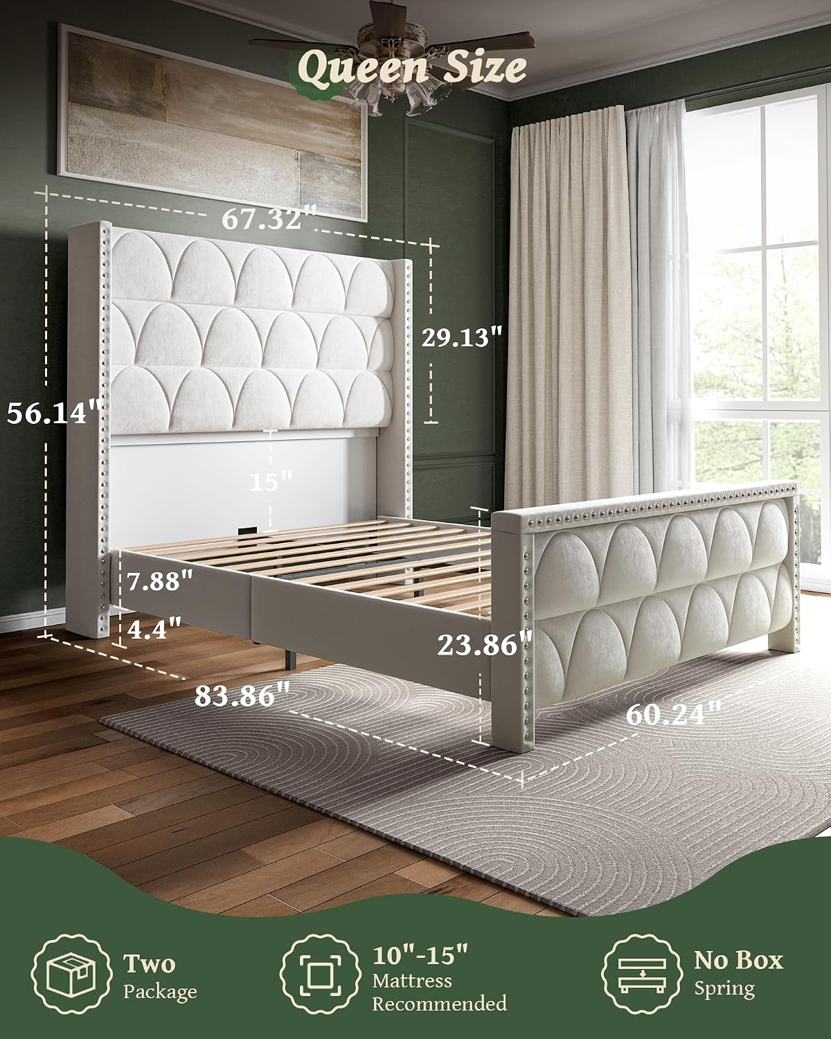 OHOHOLIVE Queen Size Bed Frame with 56' Headboard - 1000LBS Capacity Support, Velvet Upholstered Wingback Platform Bed Frame, Noise Free, Sturdy Wooden Slat Support