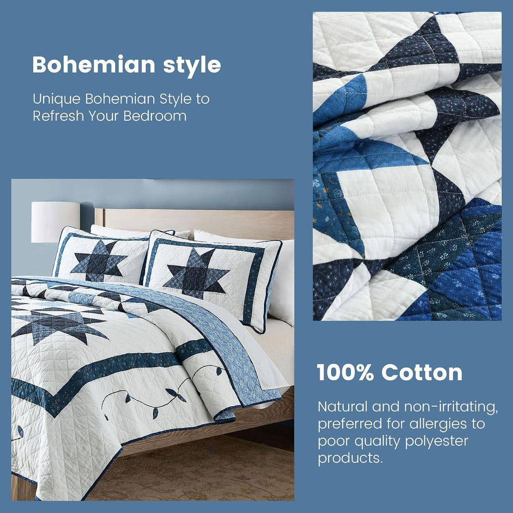 Secgo Handmade Quilted 100% Cotton Queen Comforter Set for Bed - 100% Cotton Quilts Queen Size, Black Bedspreads (90 * 96 Inch) with 2 Pillow Shams, Patchwork Reversible Lightweight Bedding