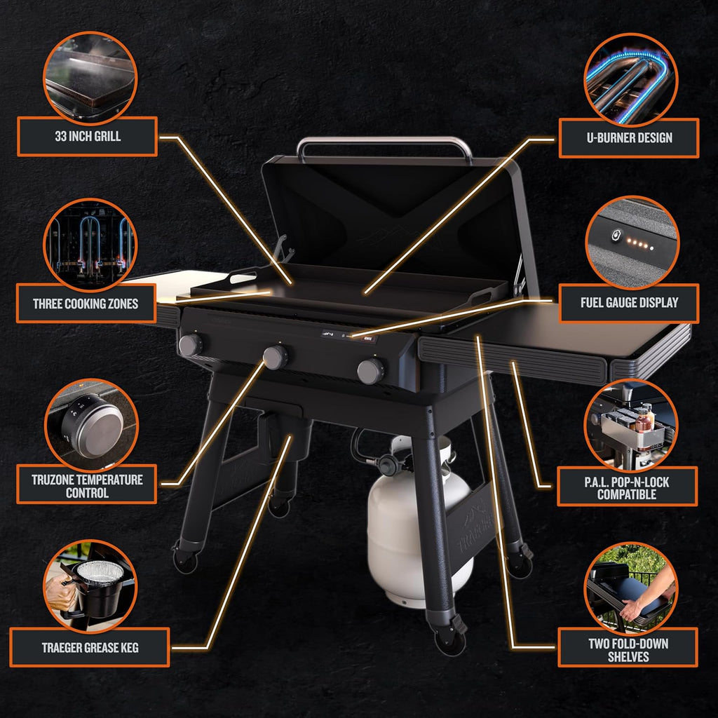 Traeger Grills Flatrock, 33 Inch Flat Top Griddle, Outdoor Gas Grill with 3-Zone TruZone Cooking, Even Heat, Fuel Sensor, and EZ-Clean Grease Management, Premium Propane Griddle for Outdoor Cooking