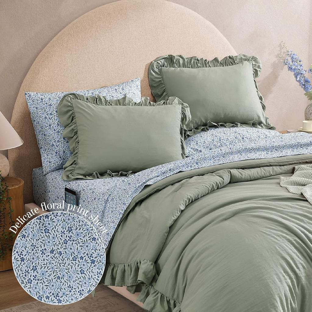 BLOOMHAVEN Oversized King Comforter Set - 7 Pieces Ruffle Sage Leaf Bedding Sets, Shabby Chic Farmhouse Bed in a Bag with Ruffle Comforter, Floral Sheets, Pillowcases & Shams
