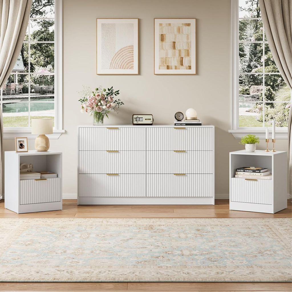 6 Drawer Dresser & Nightstand Set 3-Piece, 55' Wide Bedroom Set Night Stand Set of 2 with Metal Handle, Fluted Modern Wood Chest of Drawers Storage Dressers Set for Bedroom, White