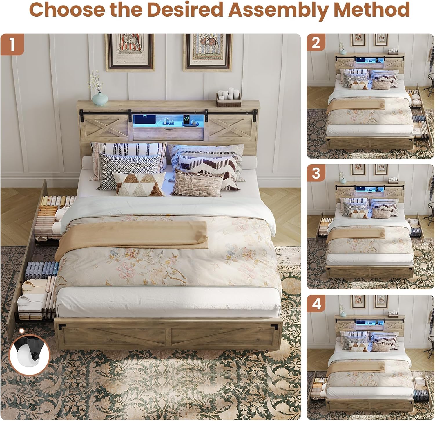 Hasuit Farmhouse Bed Frame California King Size with Storage Bookcase Headboard, Wooden Cal King Bed with LED Lights, Charging Station, 2 Drawers, Country Rustic Bed Frame with Sliding Barn Door