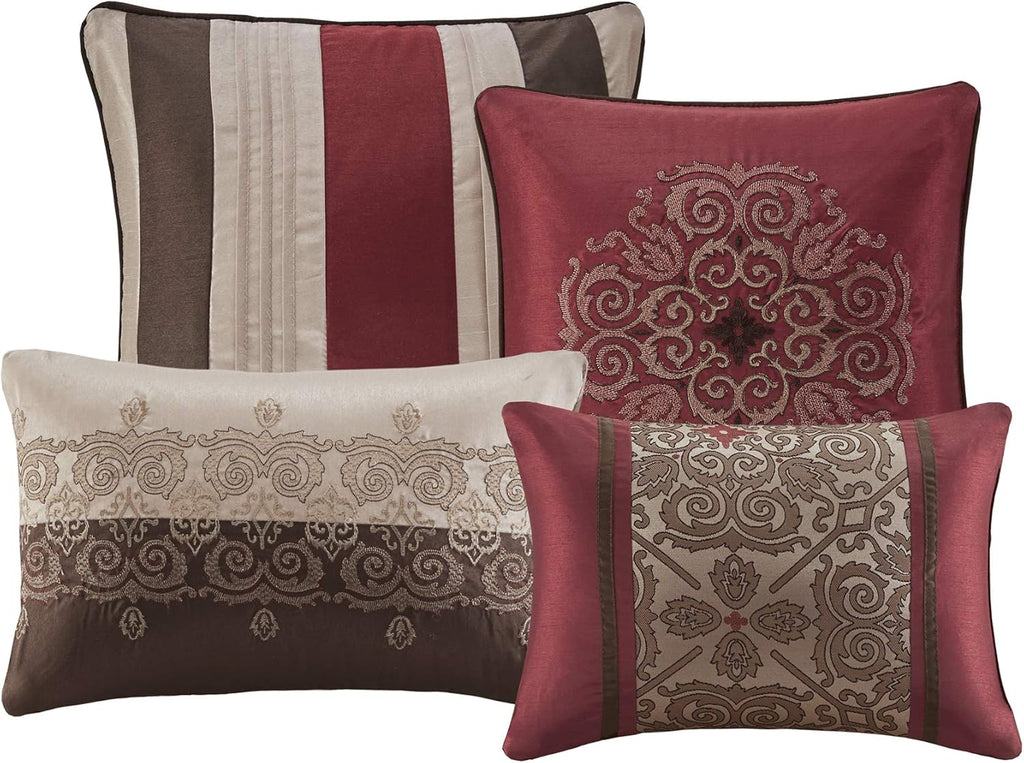 Madison Park Essentials Delaney 24-Piece Room In A Bag Comforter Set-Satin Jacquard, All Season Luxury Bedding, Sheets, decorative pillows and Curtains, Valance, King(104'x92'), Medallion Red