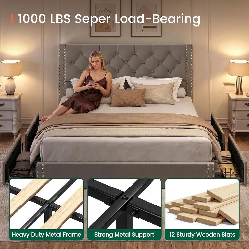 LARMACE Queen Size Bed Frame Upholstered Platform Bed with 4 Storage Drawers and Tufted Headboard Bed Frame with Heavy Duty Wood Slats, No Box Spring Needed, Easy Assembly, Bluish Grey